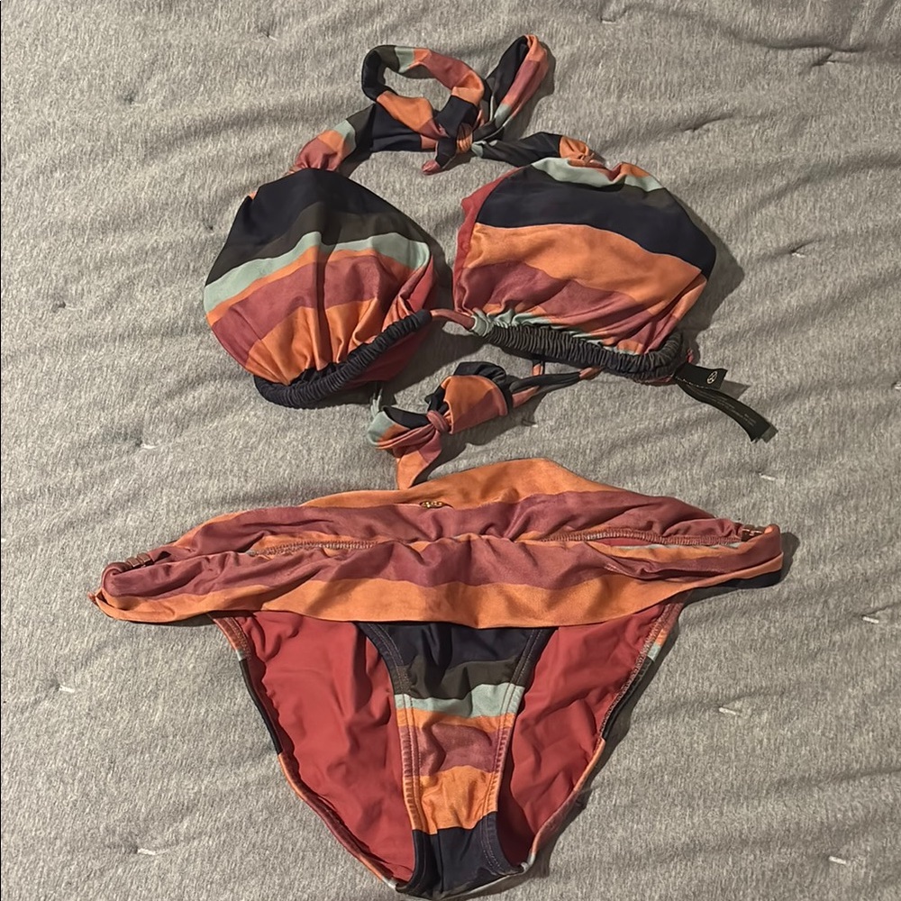 Striped Halter Bikini Set in Rust and Navy